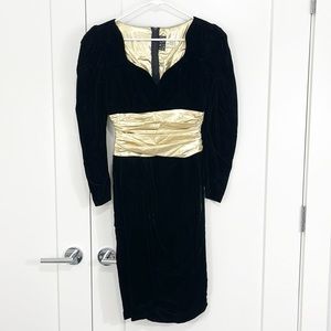 Vintage 80s Expo Nite Size 4 Black, Gold Velvet Glam Long Sleeve Midi Dress